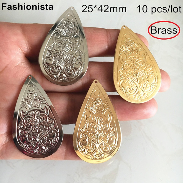 10 pcs -25*42mm Solid Brass Waterdrop Charms,Gold-color,Silver-color,Steel Color,Big Teardrop Charms With Flower Pattern,DIY