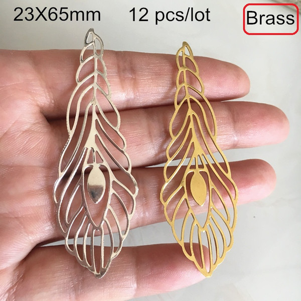 12 pcs -23X65mm Long Phoenix Tail Shape Filigree Charm,Raw Brass Color,Silver-color,Brass Filigree Peacock Feather Charms,DIY