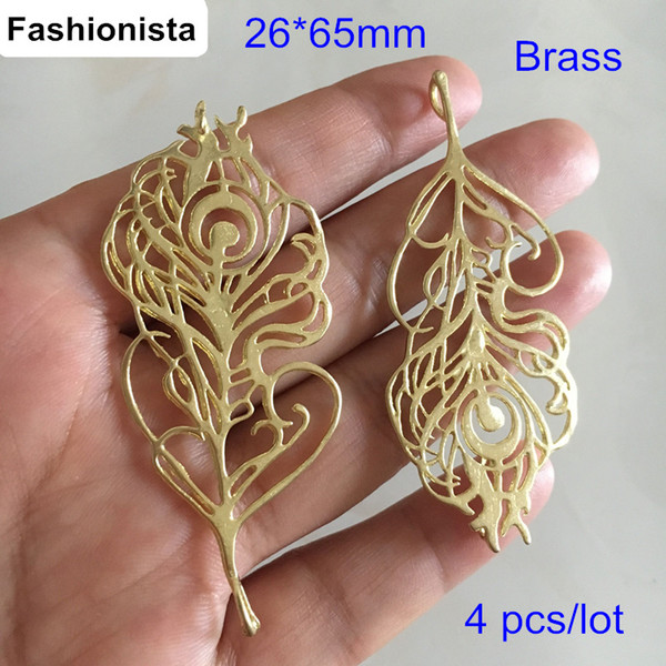 Fashionista - 4 pcs Raw Brass Casting Filigree Leaf Charms 26*65mm Peacock Tail Large Leaf Jewelry Charms,Jewelry Findings