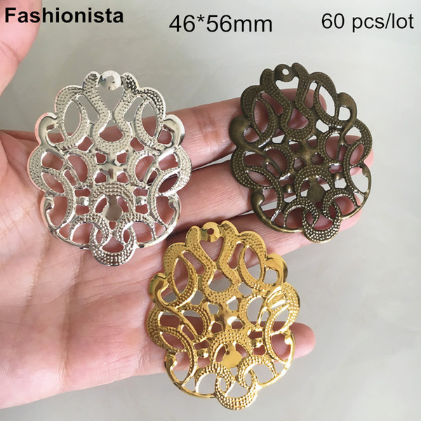 60 pcs Open design Metal Filigree Flower Charms 46*56mm,Gold-color,Silver-color,Bronze,Filigree Charm Connectors For Jewelry DIY