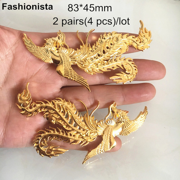 2 Pairs (4 pcs) Large Metal Bird Charms,83*45mm,Heavy Zinc Alloy Phoenix Charms With 3 Back Loops,Gold-color,Silver-color -DGG