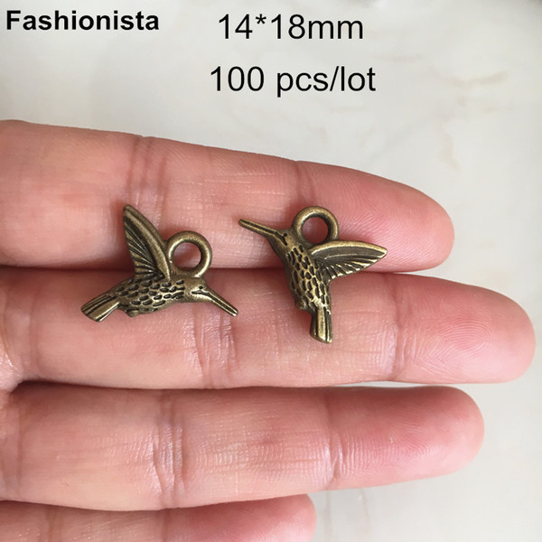 100 Hummingbird Charms Antiqued Bronze Humming Bird Charms Drops 14*18mm Double Sided Bird Charms For Jewelry Making DIY