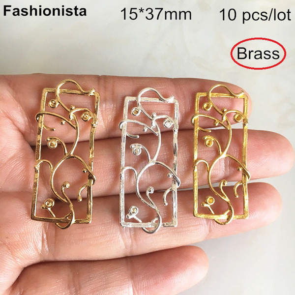 10 pcs -15*37mm Brass Filigree Rectangle Charms,Twining Flower Branch Brass Charms For Earrings DIY,Gold-color,Silver-color -YS