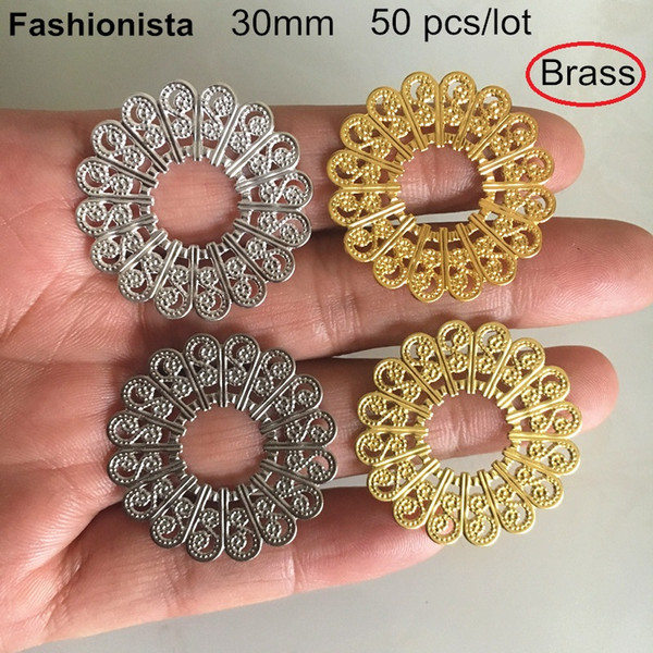 50 pcs Round Brass Filigree Charms 30mm,Flower Pattern Round Rings For Crafts Making,Gold-color,Silver-color,Steel,Raw Brass