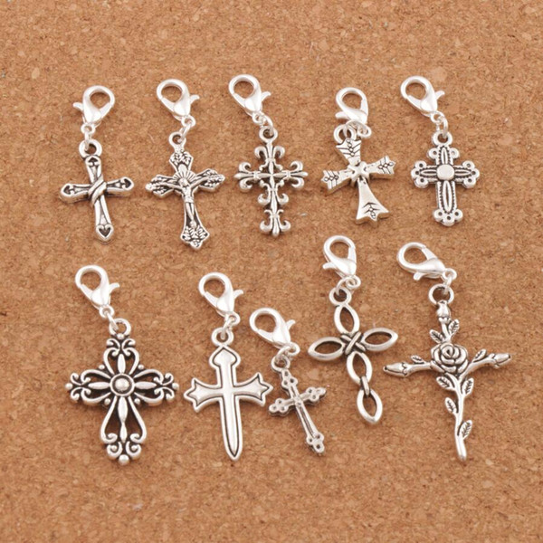 100pcs/lot Cross Jesus Lobster Claw Clasp Charm Beads Tibetan Silver Floating Fit Bracelet Jewelry Findings Components CM28