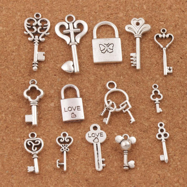 140pcs/lot mix Love Key Locket Charm Beads Antique Silver Pendant Jewelry DIY LM47 Hot 14styles