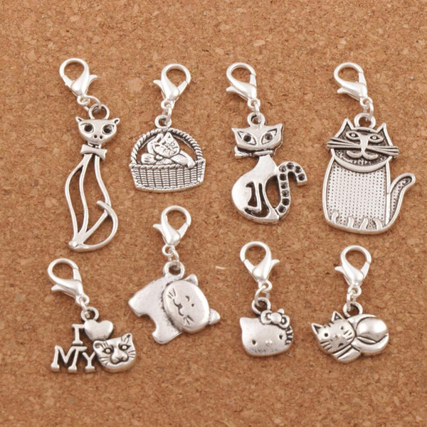 140pcs/lot mix Cat Basket Cats Animal Clasp European Lobster Trigger Clip On Charm Beads Antique silver Findings CM27 LZsilver