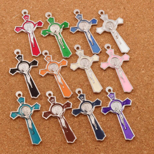 INRI Crucifix Enamel Saint Benedict Medal Cross Charms Pendants 72pcs/lot 51x27mm Two-Sided 12Colors Jewelry DIY L423