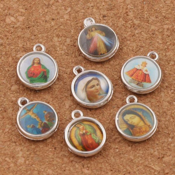 200pcs/lot Enamel Catholic Religious Church Medals Saints Spacer Charm Beads 14x11.4mm Antique Silver Pendants L1706