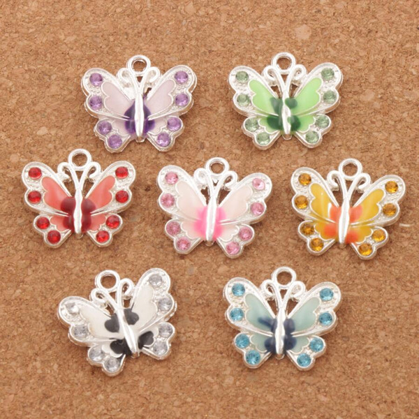 Silver Plated Enamel Rhinestone Crystal Butterfly 56pcs/lot 7Colors 22X20.5 mm Charms Pendant Jewelry DIY Jewelry Findings Components L1559