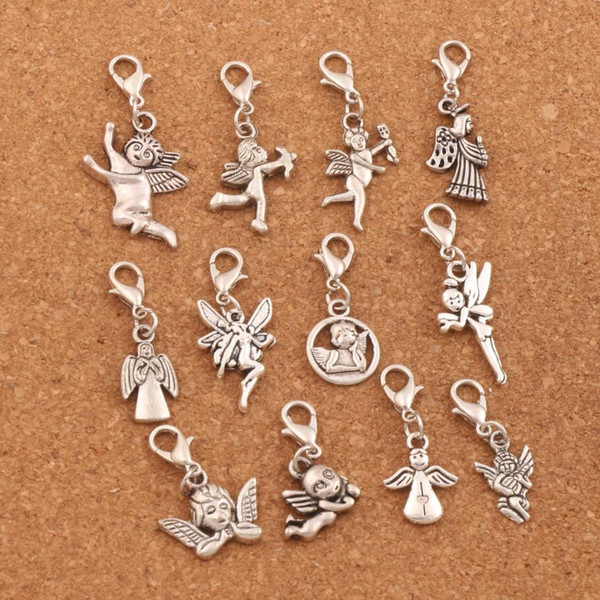 120pcs/lot mix Angel Charm Bead 12styles Antique Silver Floating Lobster Claw Clasp Charm Beads CM58