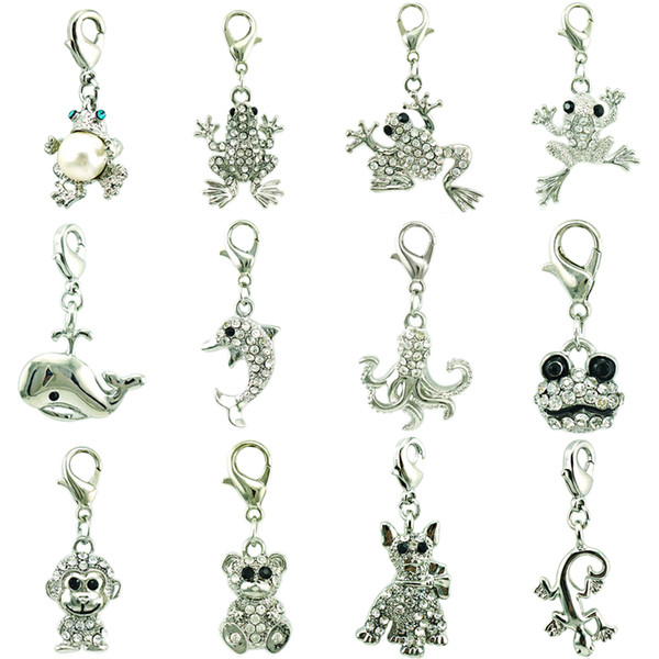 Wholesale Mix Style White Rhinestone Animal Pendants With Lobster Clasp Charm For Women DIY Jewelry Making Accessories