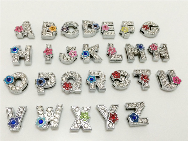 Wholesale 52PCS/Lot 8MM Full Rhinestones Flower Slide Letters A-Z Alphabet DIY Slide Charms Fit 8MM Wristbands Bracelets Belts Collars SL14