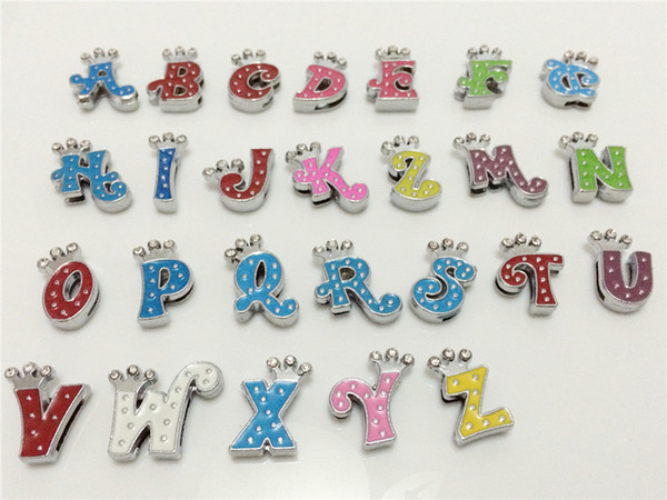 Wholesale 52PCS/Lot 8MM Crown Colorized Slide Letters A-Z Alphabet DIY Slide Charms Fit 8MM Wristbands Bracelets Belts Collars SL20