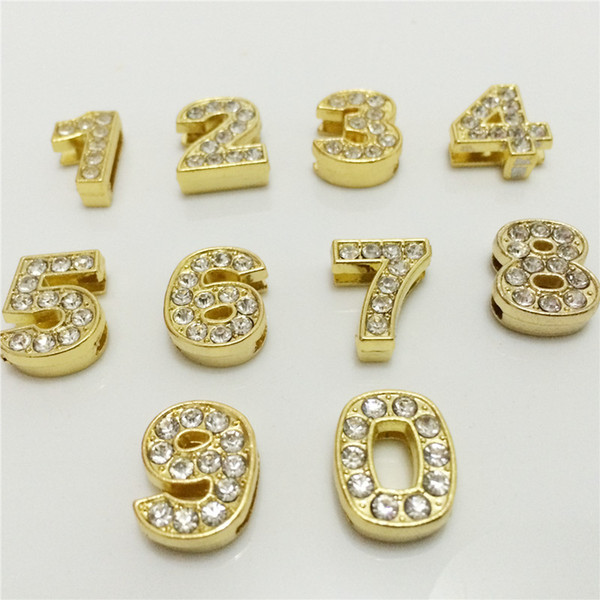 Wholesale 50PCS/Lot 10MM Full Rhinestones Gold Slide Numbers 