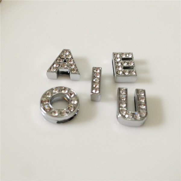 Wholesale 50PCS/Lot 8MM DIY Full Rhinestones Slide letters Vowel 