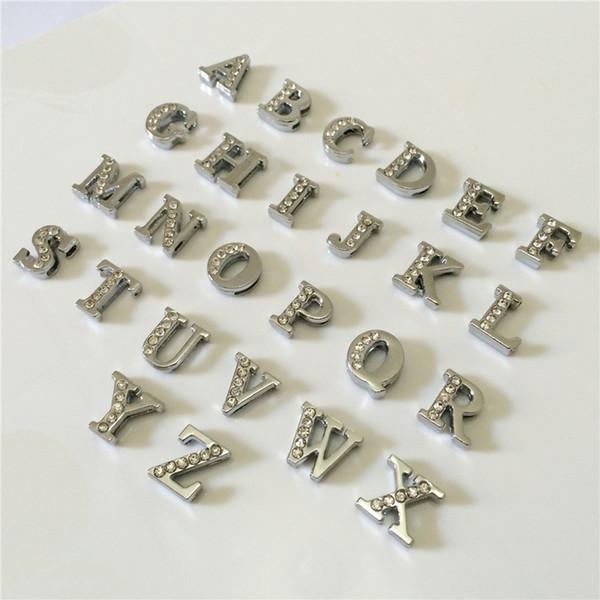 Wholesale 52PCS/Lot 8MM Half Rhinestones Slide Letters A-Z Alphabet DIY Slide Charms Fit 8MM Wristbands Bracelets Belts Collars SL05