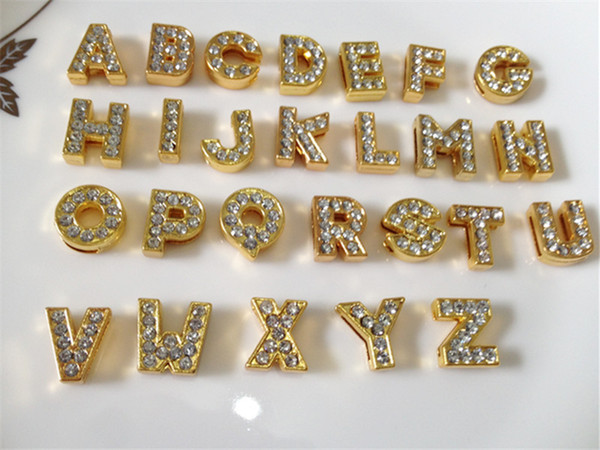 Wholesale 52PCS/Lot 10MM Full Rhinestones Gold Slide Letters A-Z Alphabet DIY Slide Charms Fit 10MM Wristbands Bracelets Belts Collars SL04