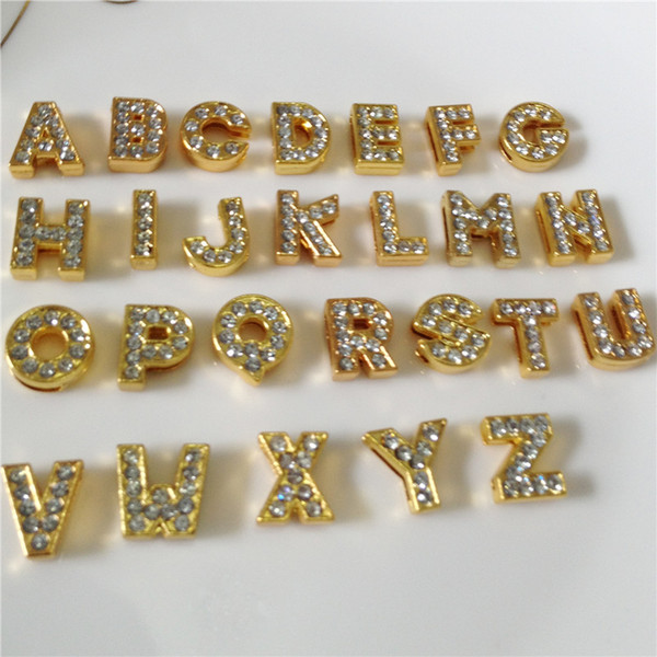 Wholesale 52PCS/Lot 8MM Full Rhinestones Gold Slide Letters A-Z Alphabet DIY Slide Charms Fit 8MM Wristbands Bracelets Belts Collars SL03