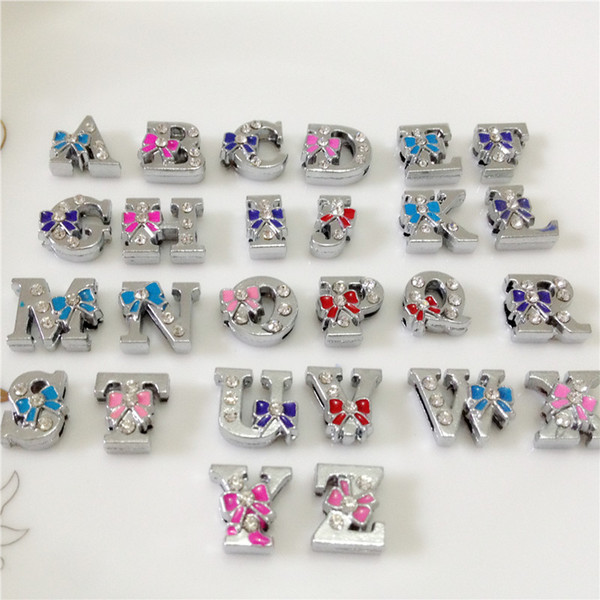 Wholesale 52PCS/Lot 8MM Full Rhinestones Bowknot Slide Letters A-Z Alphabet DIY Slide Charms Fit 8MM Wristbands Bracelets Belts SL17