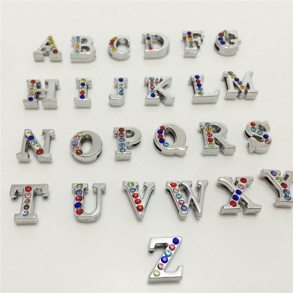 Wholesale 52PCS/Lot 8MM Half Colorized Rhinestones Slide Letters A-Z Alphabet DIY Slide Charms Fit 8MM Wristbands Bracelets Belts SL21