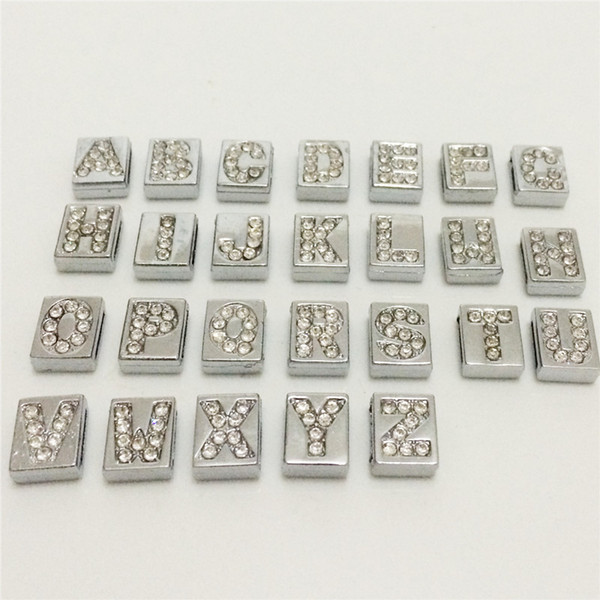 Wholesale 52PCS/Lot 8MM Square Full Rhinestone Slide Letters A-Z Alphabet DIY Slide Charms Fit 8MM Wristbands Bracelets Belts Collars SL19