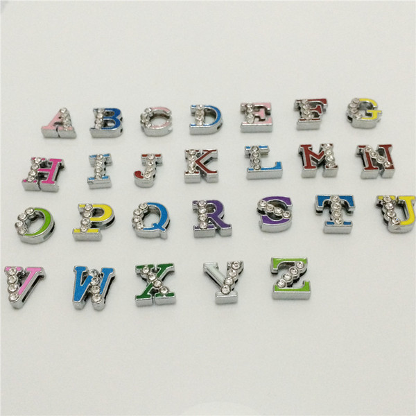 Wholesale 52PCS/Lot Hot 8MM Half Rhinestone Colorized Slide Letters A-Z Alphabet DIY Slide Charms Fit 8MM Wristbands Bracelets Belts SL16