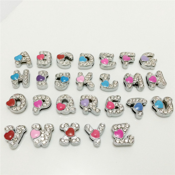 Wholesale 52PCS/Lot 8MM Full Rhinestones Heart Slide Letters A-Z Alphabet DIY Slide Charms Fit 8MM Wristbands Bracelets Belts Collars SL12