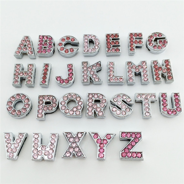 Wholesale 52PCS/Lot 8MM Pink Rhinestones Slide Letters A-Z Alphabet DIY Slide Charms Fit 8MM Wristbands Bracelets Belts Collars SL22