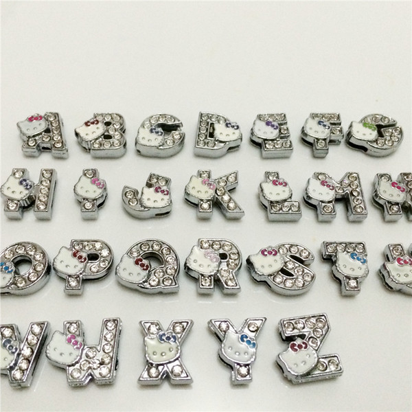 Wholesale 52PCS/Lot 8MM Full Rhinestones hello kitty Slide Letters A-Z Alphabet DIY Slide Charms Fit 8MM Wristbands Bracelets Belts SL15