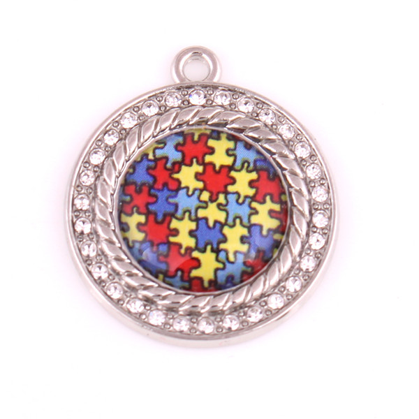 10pcs/lot New Arrival Autism Awareness Pendants With Holes Crystal Puzzle Piece Jigsaw Hope Round Charm DIY Jewellery