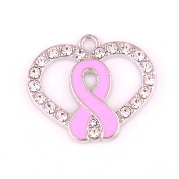 New styles 10pcs/lot Zinc Alloy Metal Enamel Pink Breast Cancer Ribbon Crystal Heart Charm Pendent