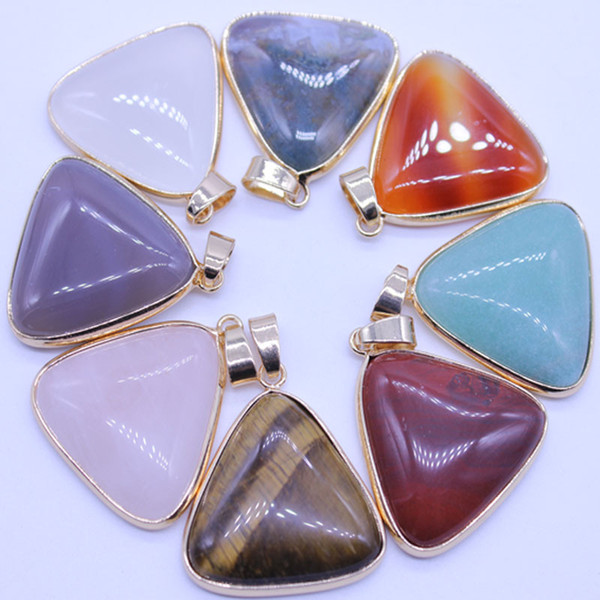 Triangle Natural Stone Pendant Geometric Opal Pink Crystal Druzy Necklace For Women Jewelry Gold Metal