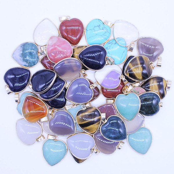 Various Colors Love Heart Natural Stone Pendant Opal Pink Crystal Charms DIY Necklace For Women Jewelry Gold Metal