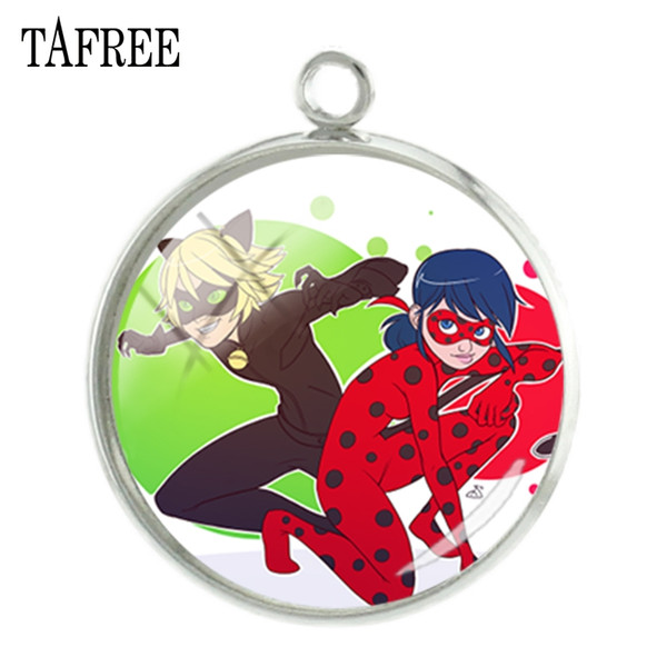 TAFREE Lady beetle girl and black cat Charms Cartoon Fashion Picture Pendants 20mm glass cabochon handmade New Jewelry LB106