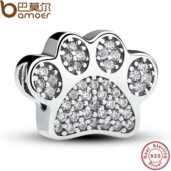 Sterling Silver Animal Paw Charm Bead for Pandora Style Bracelet Clear Cubic Zirconia DIY Accessories Jewelry