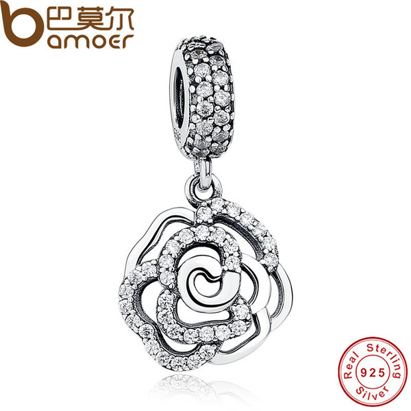 Pandora Style 925 Sterling Silver Rose Flower Charm & Pendant Fit Pandora Bracelet with Clear CZ