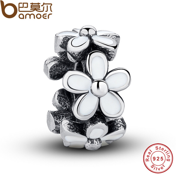 Pandora Style 925 Sterling Silver White Enamel Charms Fit for Pandora Style Bracelet Lovely European Daisy Spacer Beads Warm Gift