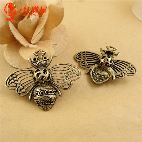 57*48MM Antique Bronze Hollow retro 3D filigree insect metal bee charm pendant beads, DIY handmade jewelry accessories wholesale