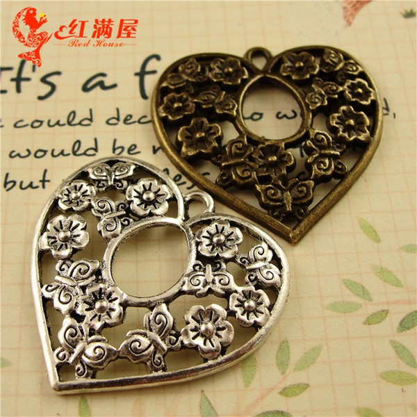 31*30MM alloy ancient bronze filigree heart love butterfly pattern flower charms antique silver metal pendant jewelry wholesale