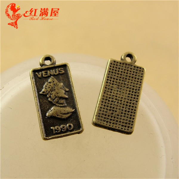 16*8MM Antique Bronze alloy head manual DIY retro jewelry wholesale VENUS 1990 square charm pendant beads, message word charms