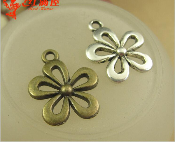 15*18MM Antique Bronze Zinc alloy metal accessories five-petal flower pendant mobile phone charms for bracelet Vintage Silver