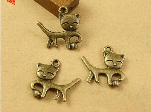 18*19MM Antique Bronze Retro naughty kitten cat charm beads mobile phone accessories DIY, animal shaped jewelry, animal pendant