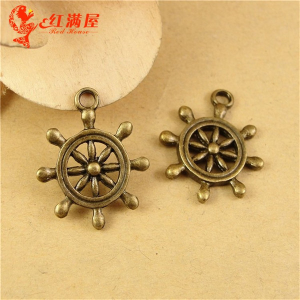 19MM Antique Bronze Retro ship wheel charm pendant beads mobile phone accessories retro jewelry wholesale, nautical charms items