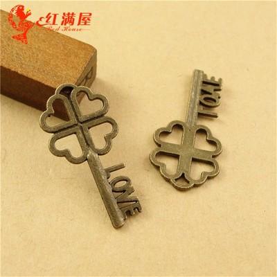 26*13MM Zinc alloy plating ancient bronze retro key Love word lucky cllover charms metal pendant Korea DIY jewelry accessories