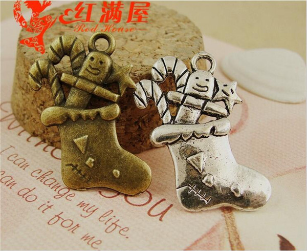 28*20MM Antique Bronze Retro diy Christmas boot stockings charms, vintage silver tone holiday pendants phone jewelry accessories