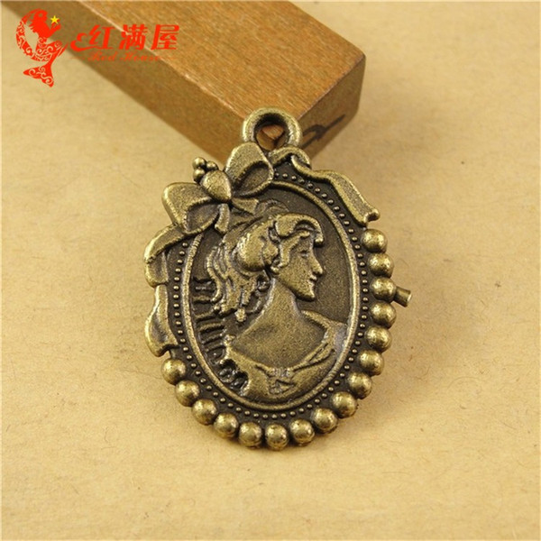 21*27MM Antique Bronze alloy beauty head manual DIY retro jewelry wholesale oval bowknot bow cameo lady charm pendant beads lot