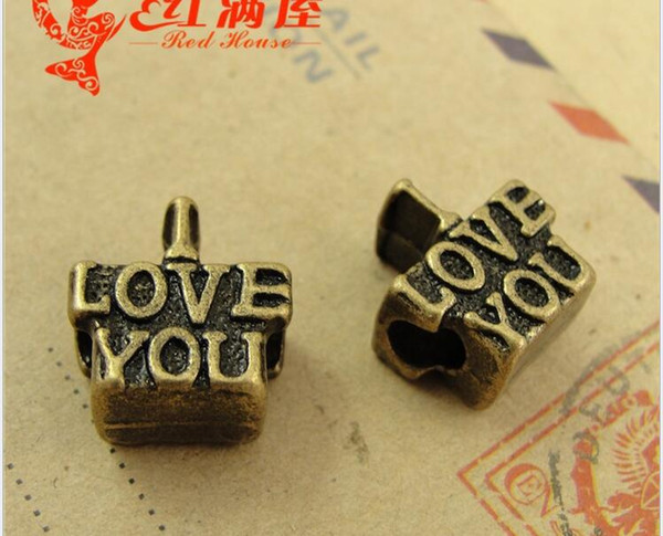 14*14*14MM Antique Bronze zinc alloy metal I love you word charms, Retro large hole loose bulk bead DIY jewelry making wholesale