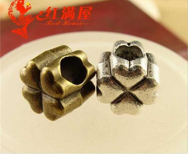 9MM Antique Bronze Retro big hole beads hand DIY metal jewelry wholesale, tibetan silver lucky clover charms good luck for bracelet