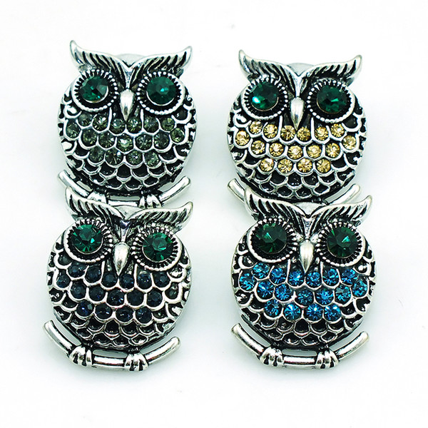 Fashion 18mm Snap Buttons 4 Color Rhinestone Owl Charms Metal Clasps DIY Noosa Interchangeable Jewelry Accessories